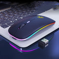Black and white silent wireless Bluetooth mouse with luminous charging scroll wheel on a desk.