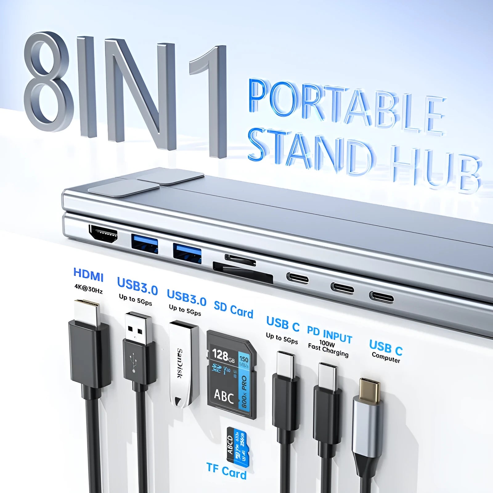 Folding aluminium laptop stand with integrated multi-port USB and HDMI docking station.