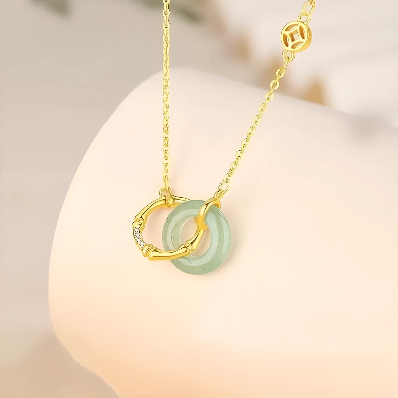 Sterling silver bamboo joint peace buckle necklace with geometric pendant on O-ring chain