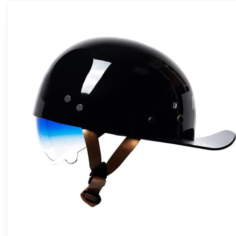 Retro-style half helmet for men in bright black gradient with blue lens, shown on a solid background.