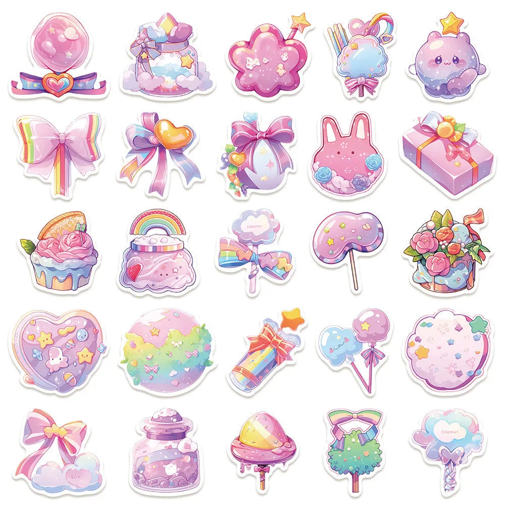 Pack of 50 sheets of cute candy-themed waterproof decorative stickers for crafts.