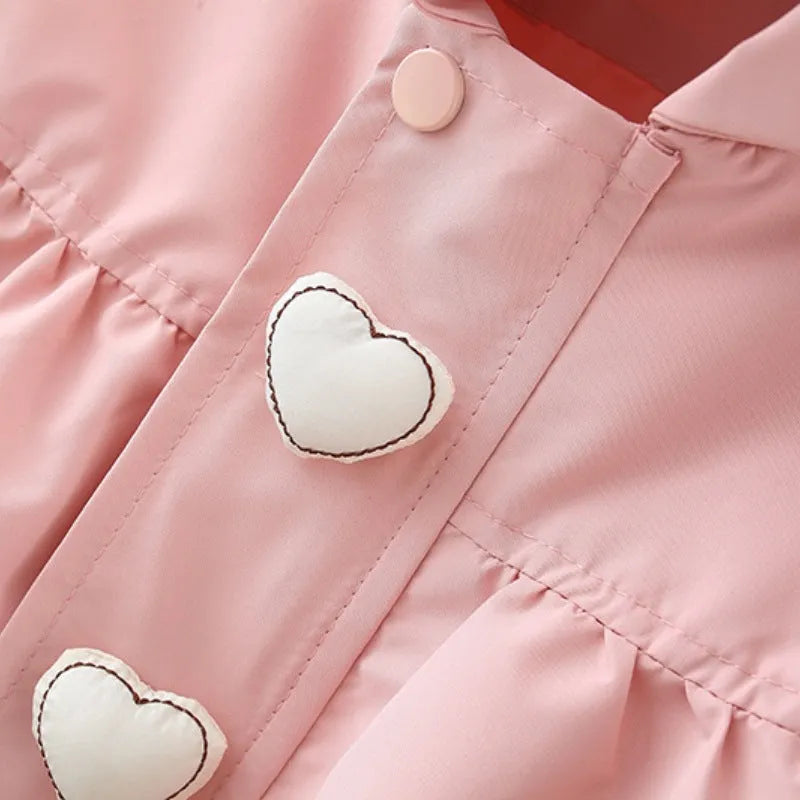 Children's mid-length love hooded trench coat in green, cotton blend, zipper closure, fixed hood, girls casual spring autumn coat