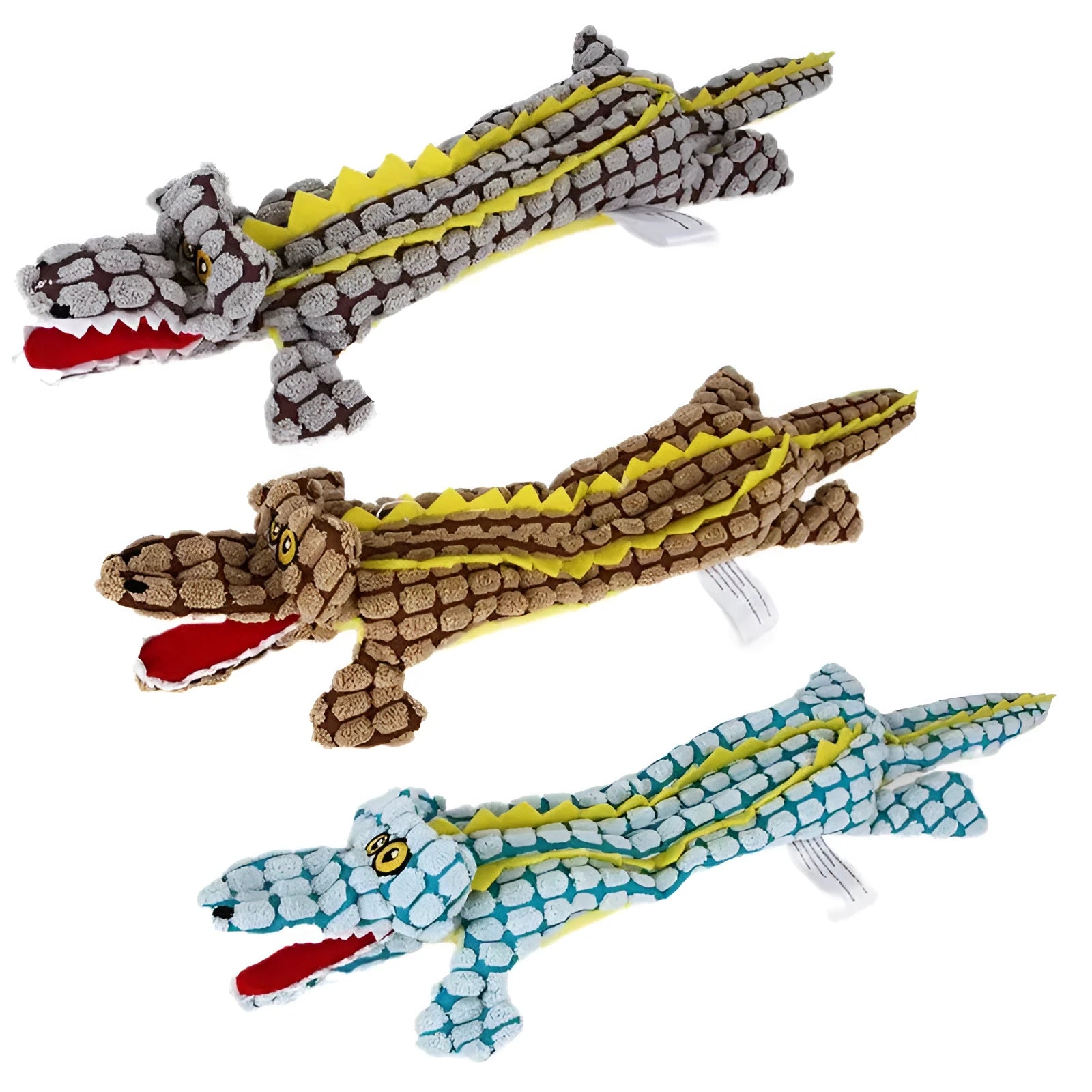 Blue corduroy plush crocodile dog toy with squeaker, shown next to a coffee-coloured large size version.