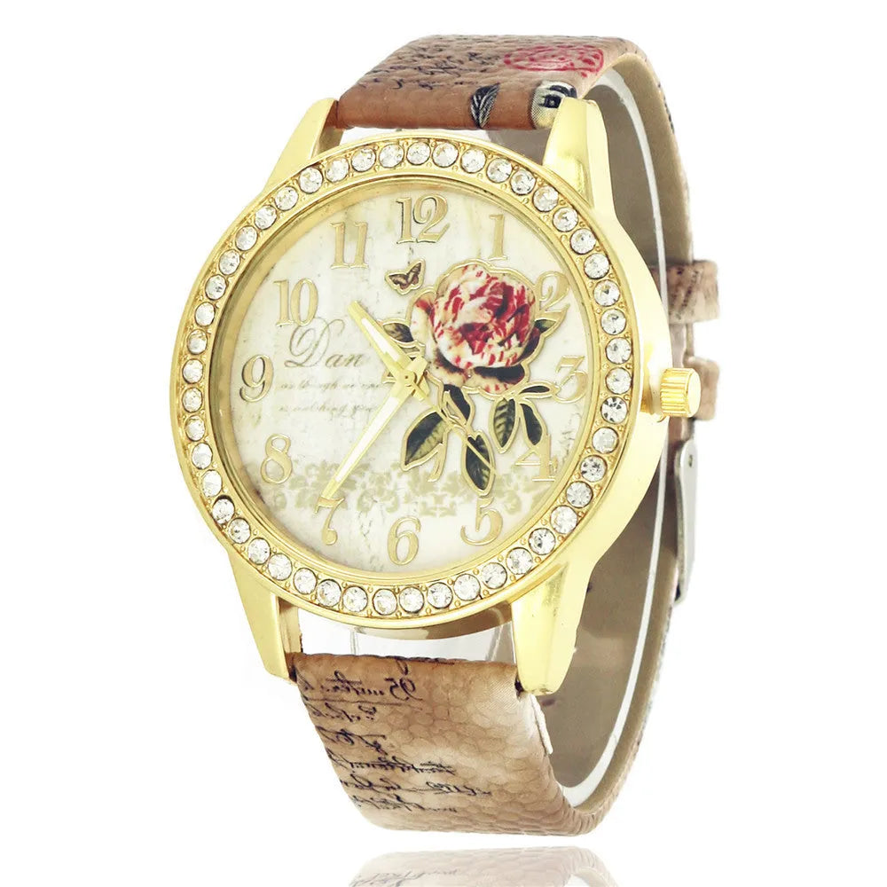 Diamond-inlaid gold case rose pattern fashion quartz watch with 38mm round dial and stainless steel buckle
