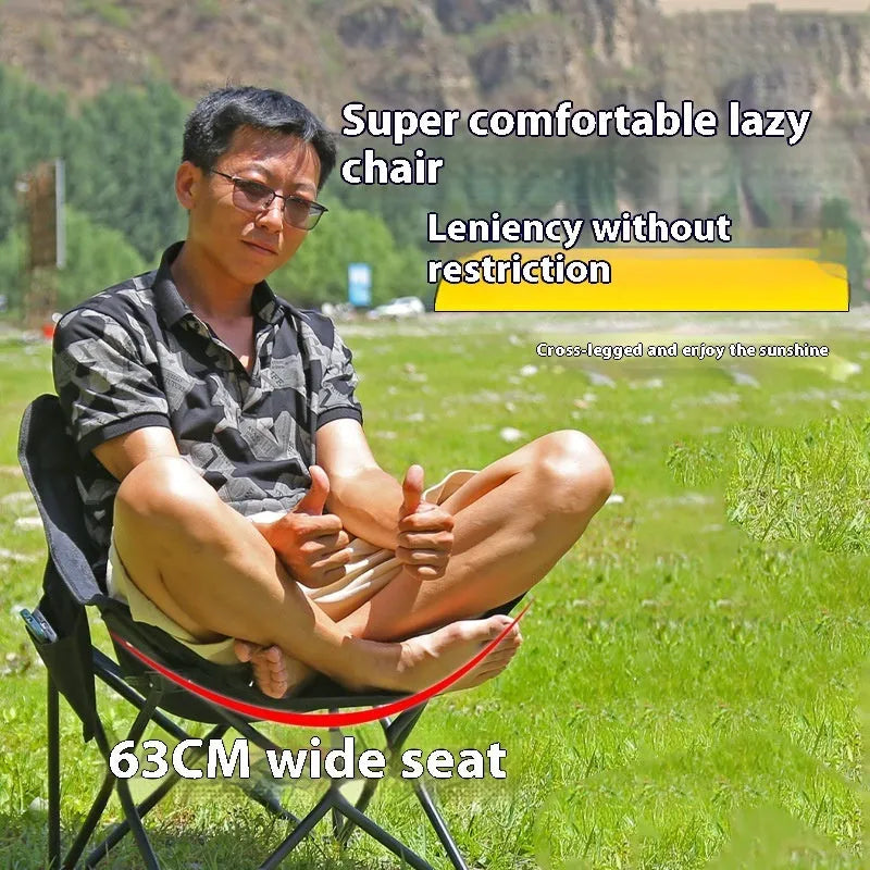 Beige portable folding chair with steel frame and Oxford cloth seat, unfolded for outdoor use.