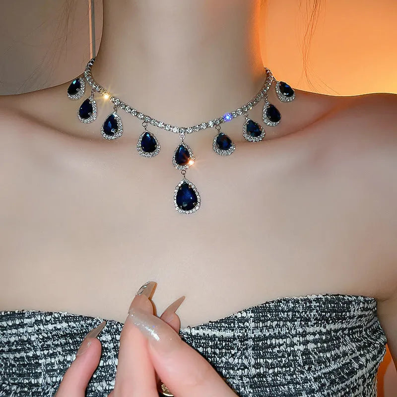 Blue silver needle water drop earrings and necklace set with zircon pendant on alloy clavicle chain court style