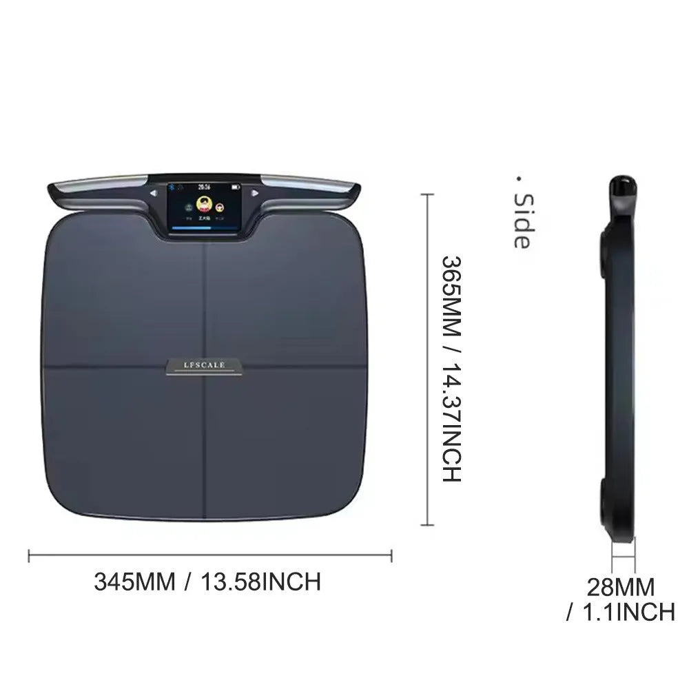 Black eight-electrode body fat bathroom scale with digital display showing weight and body composition metrics