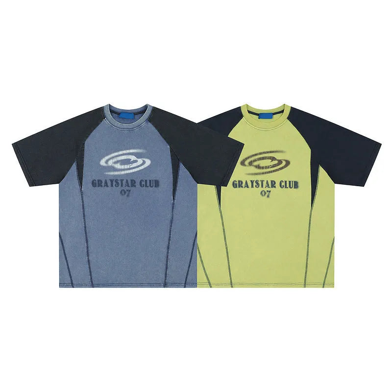 Men's blue hip hop letter print t-shirt with raglan sleeves and loose casual fit