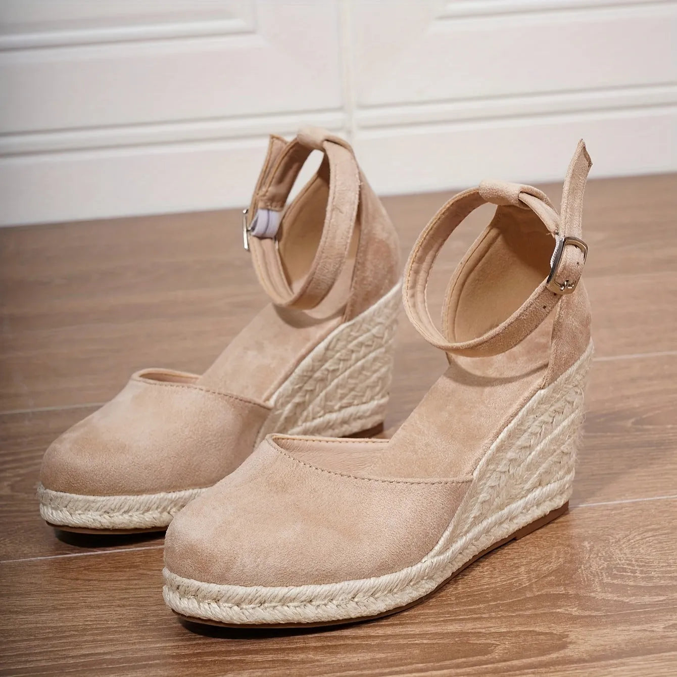 Women's apricot suede wedge sandals with buckle fastening and rubber sole