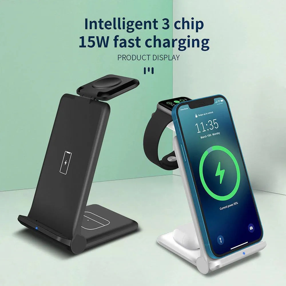 White 3-in-1 wireless charging station dock for iPhone, Apple Watch and AirPods with foldable design