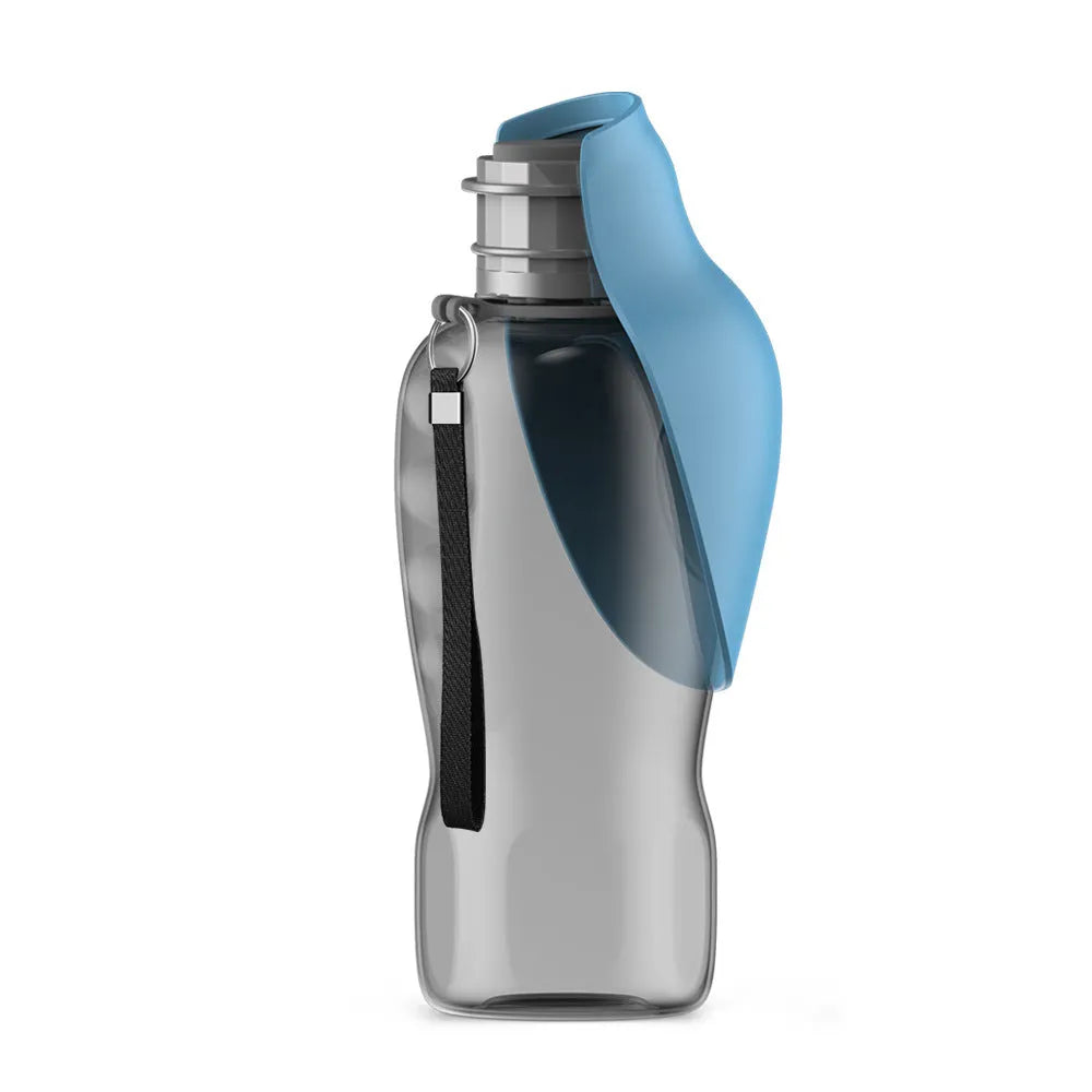 Blue-grey portable dog water bottle with foldable drinking bowl showing 800ml capacity markings