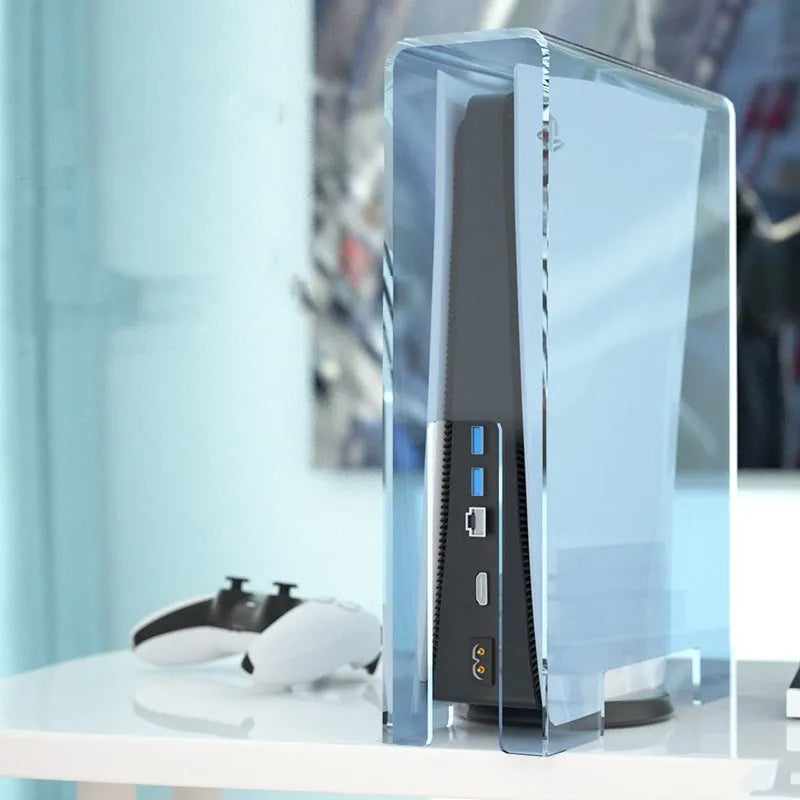 Acrylic transparent dust cover for PS5 optical drive version, vertical and horizontal styles, with breathable option and handle storage box.