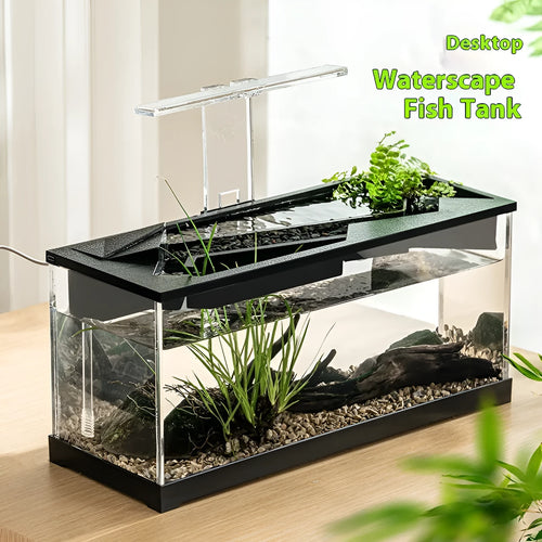 Small acrylic integrated lazy aquarium with circular filter, built-in lamp, external light, and heating mat for desktop use