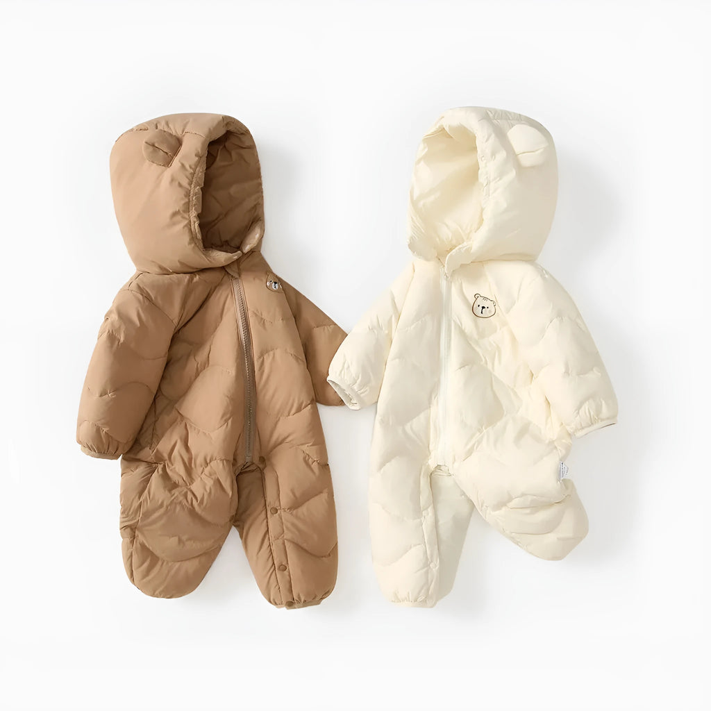 Baby hooded down jumpsuit in beige or brown, thickened polyester, long sleeve, cartoon print, 66-90cm
