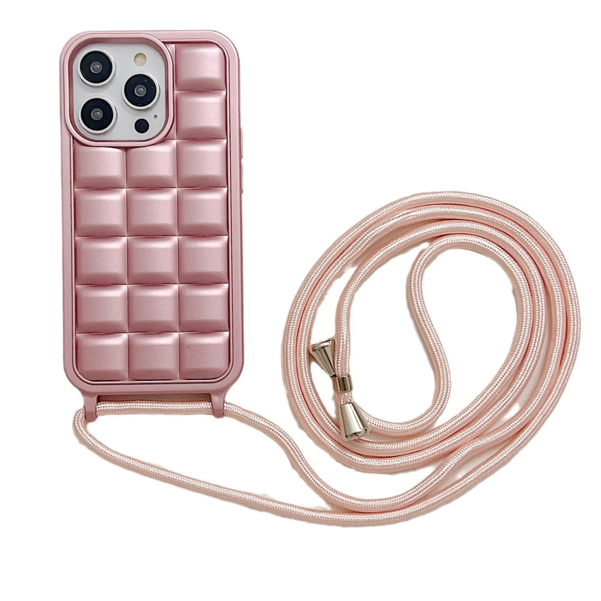 Matte plaid cross-body lanyard phone case in pink for iPhone 11 to 15 Pro Max, TPU fall protection
