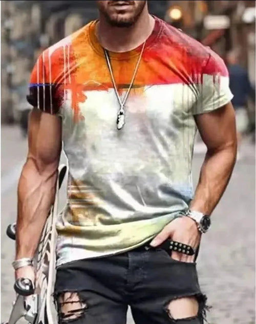 Abstract painting print short-sleeved round neck T-shirt in cotton blend
