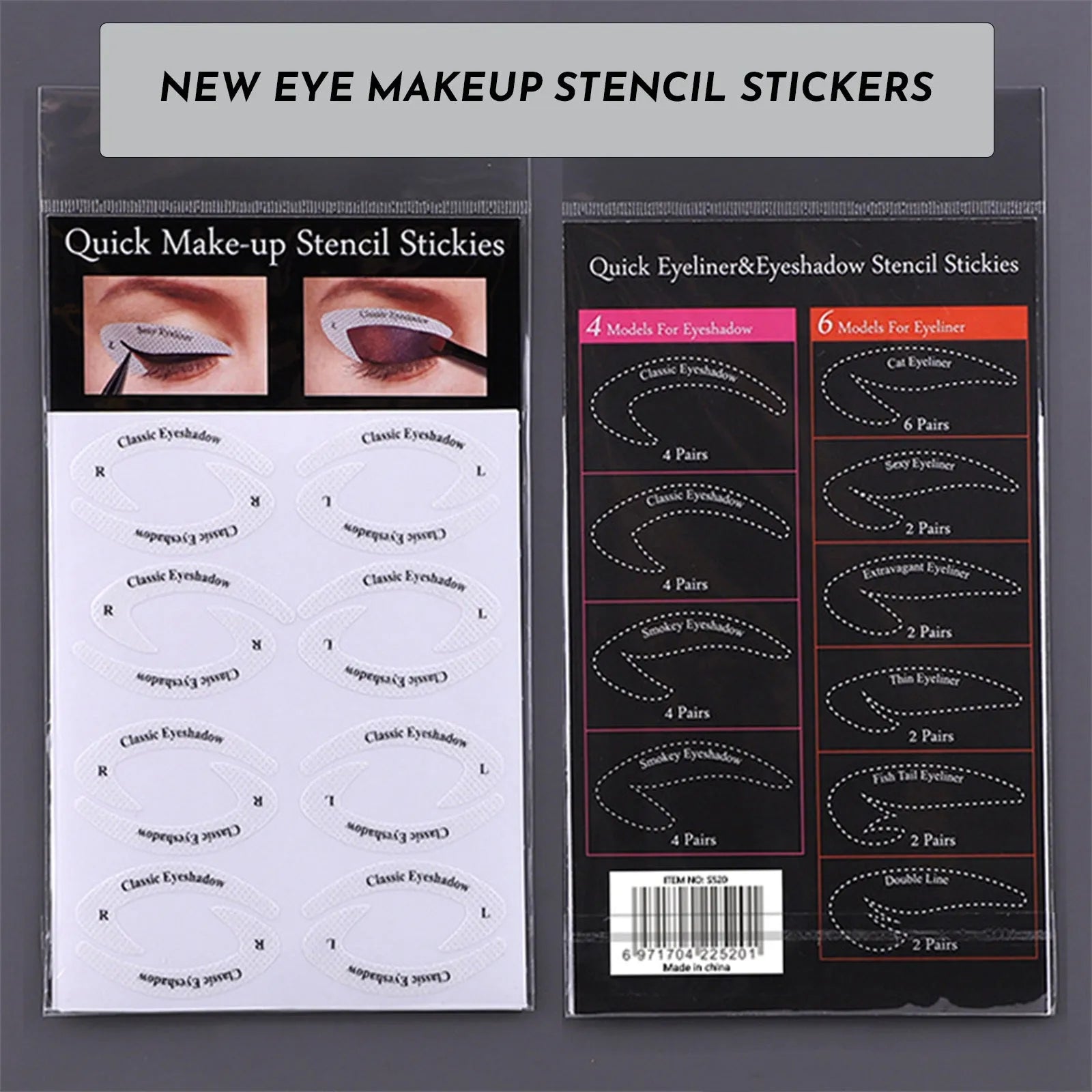 Set of four reusable flexible eyeliner stencils on a pink background, showing cat-eye and winged templates