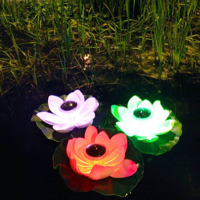 Outdoor waterproof solar lotus lamp floating on pond water with colourful LED light