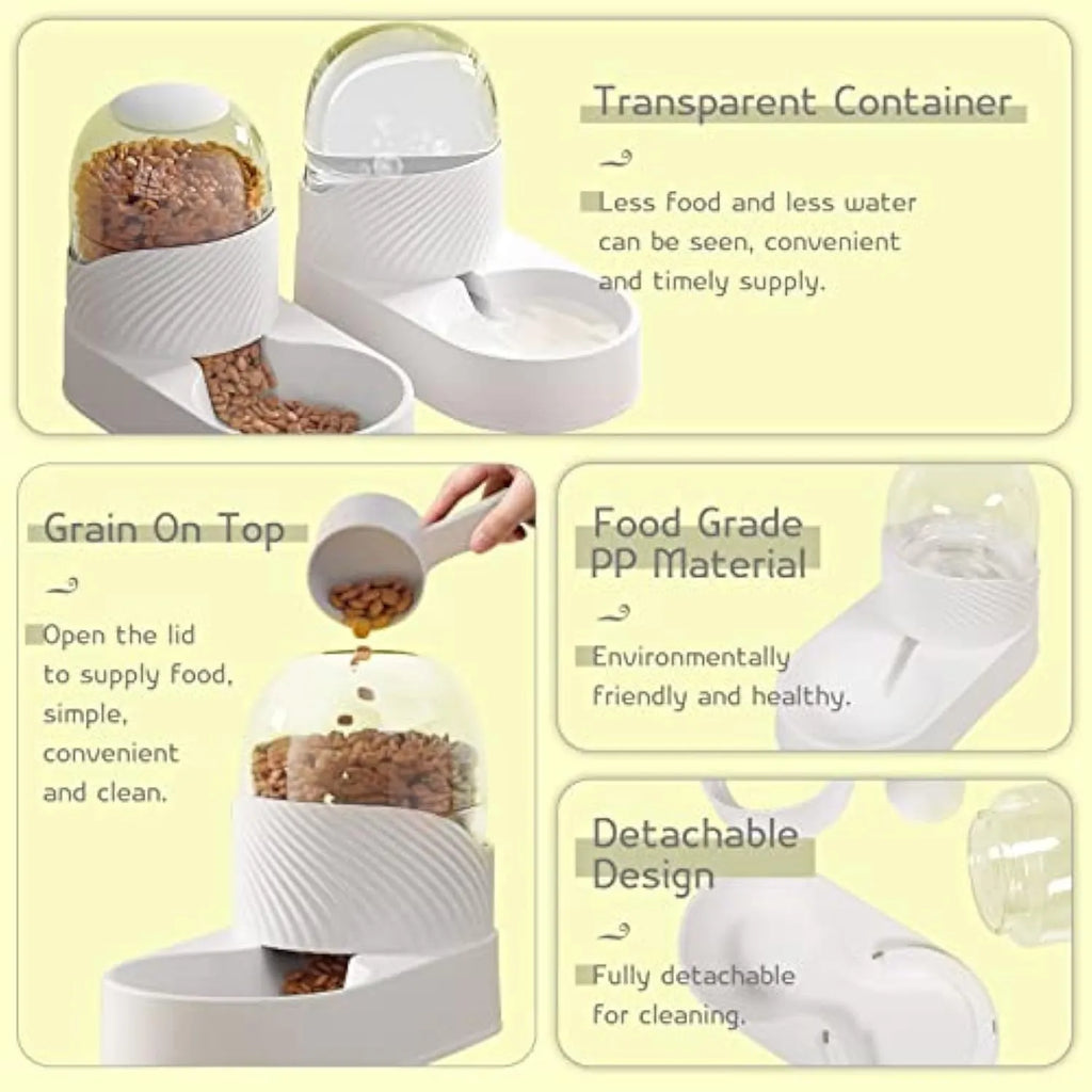 White automatic gravity cat feeder and water dispenser set with wave-patterned design.