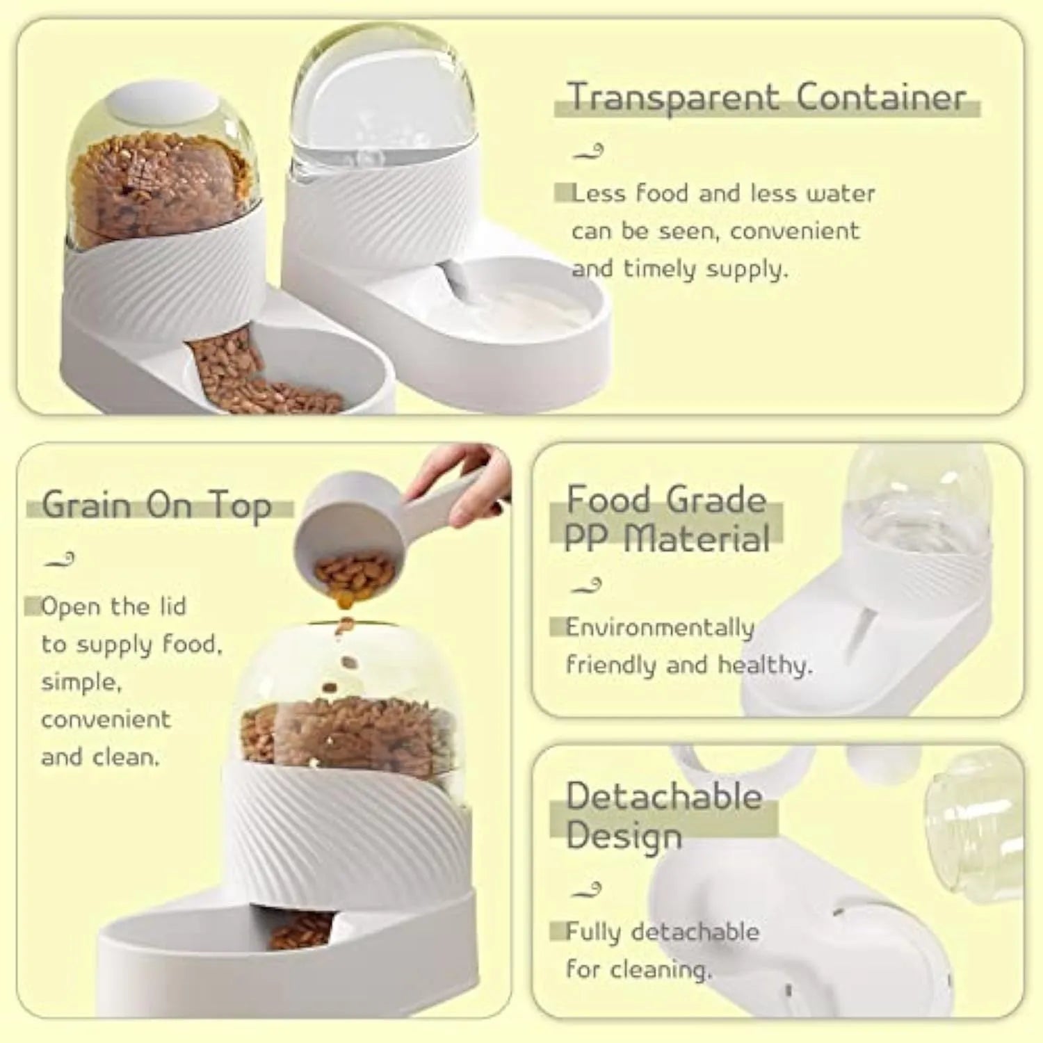 White automatic gravity cat feeder and water dispenser set with wave-patterned design.