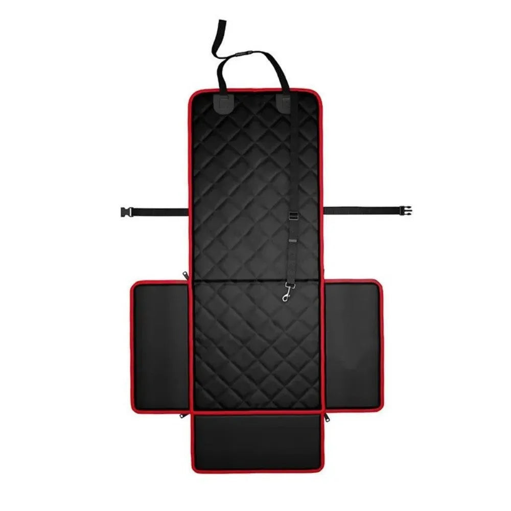Large black dog car seat pad with non-slip base on a car front seat