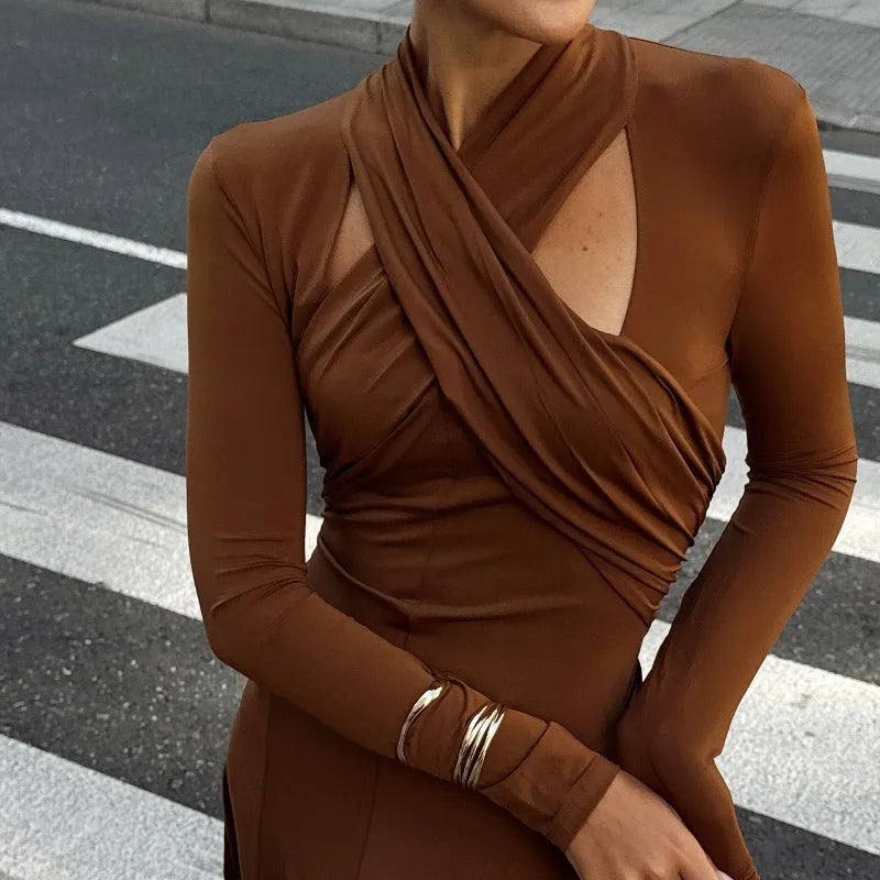Fashion slim fit halter long sleeve princess dress in brown size S M L polyester