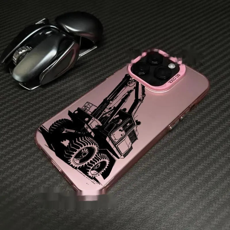 iPhone 16 Pro hard PC phone case with blue laser excavator design and smooth finish
