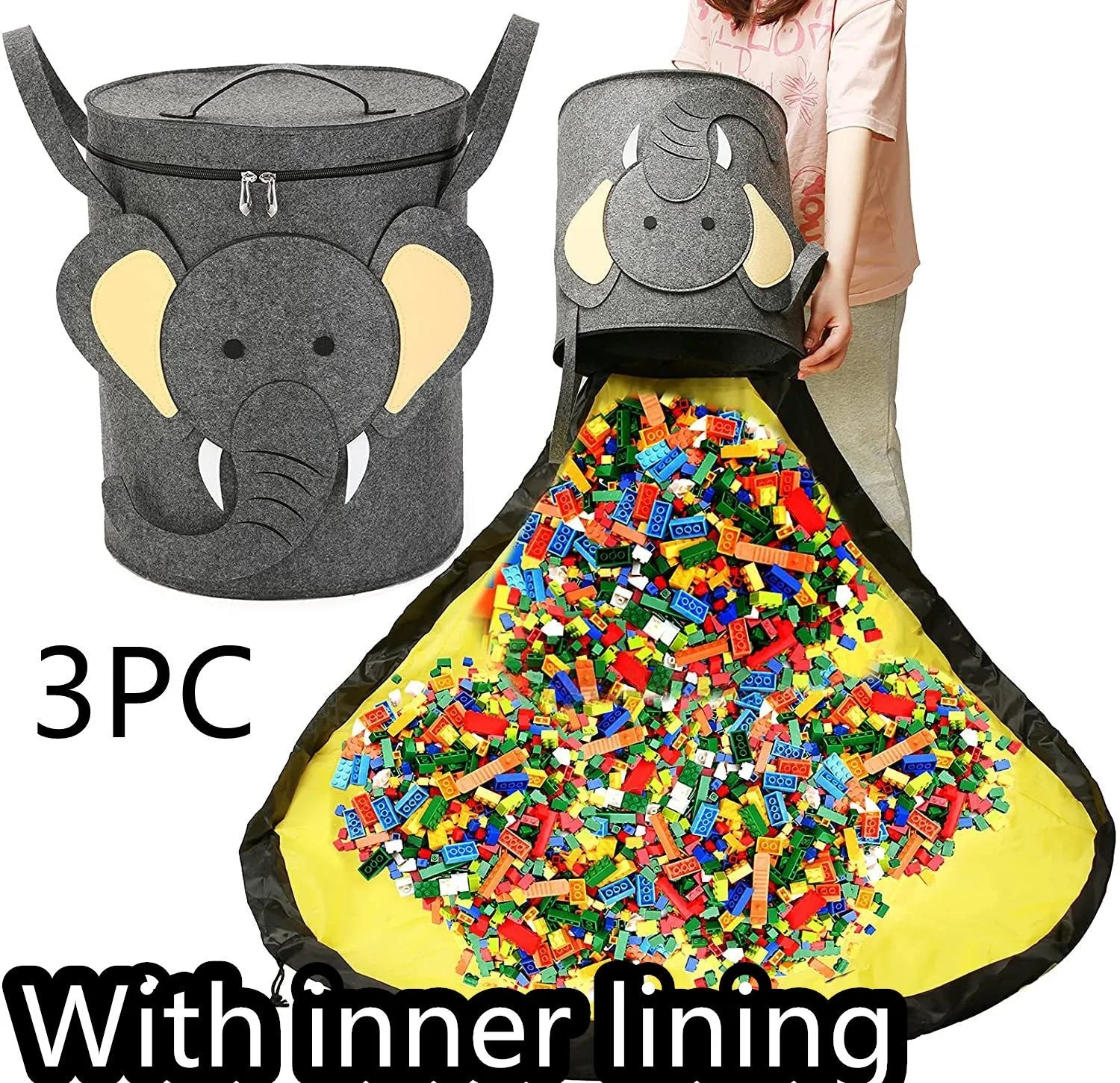 Green felt cube storage bag with pull rope, shown both as a flat play mat and gathered toy bag