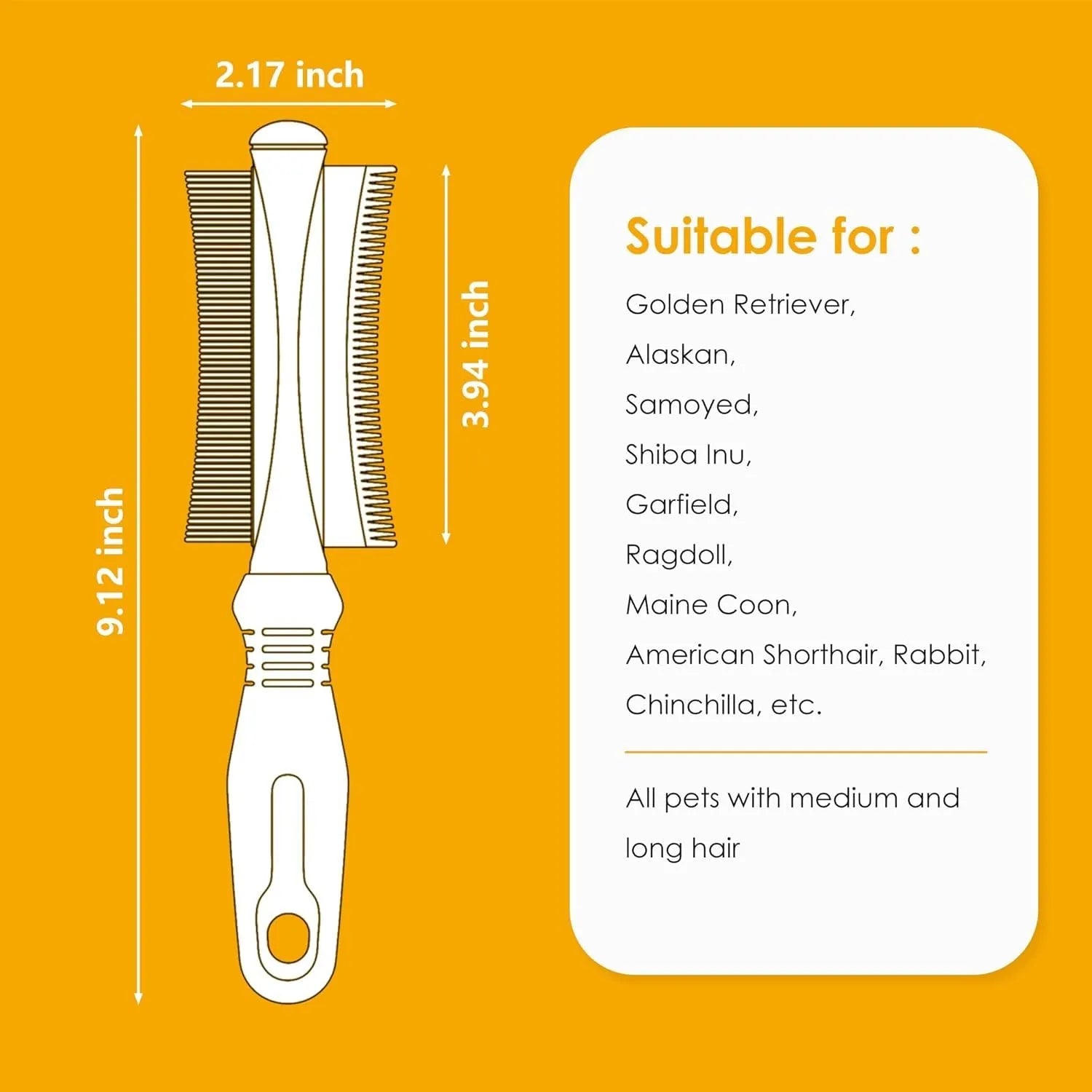 White 2 in 1 pet deshedding brush showing comb side and blade side with ergonomic handle