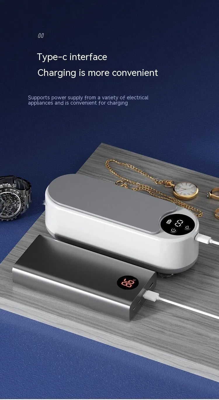 White ultrasonic glasses cleaning machine with display, USB port, and 200g weight