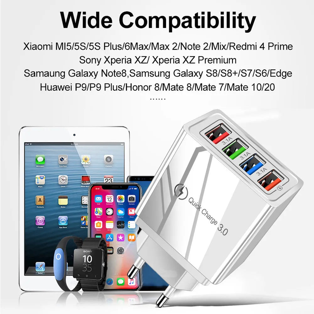 Four-port USB charging head with luminous indicator in black and white colour