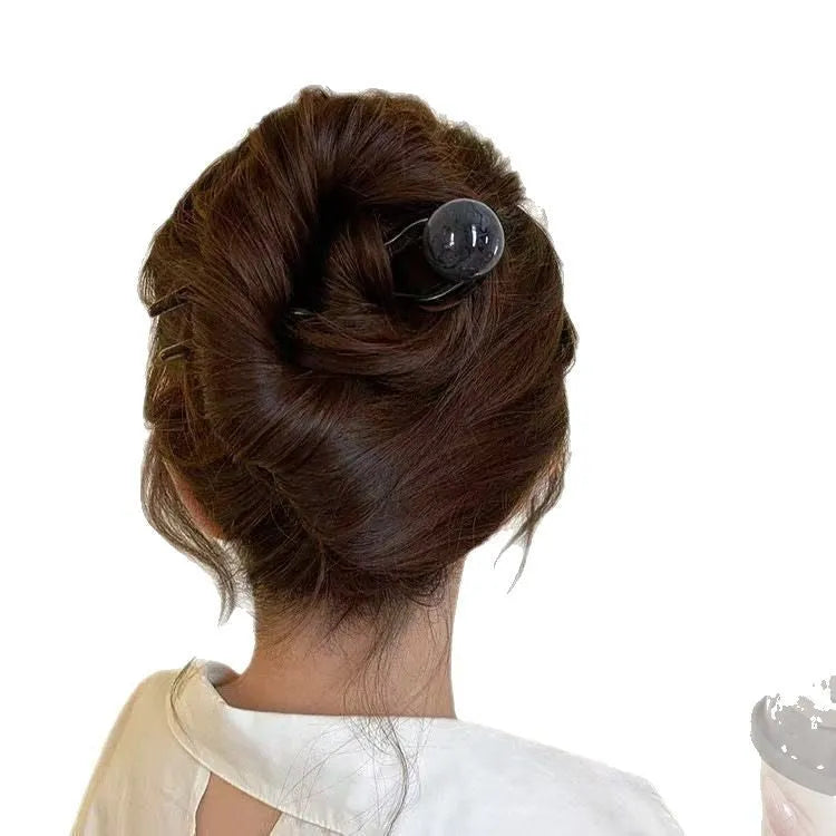 U-shaped acrylic hair barrettes with ball retro design in beige, caramel, dark gray and green colours