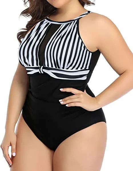 Women's solid colour one-piece swimsuit in polyester lace, shown in Black, Stripes, and Red Flower patterns.