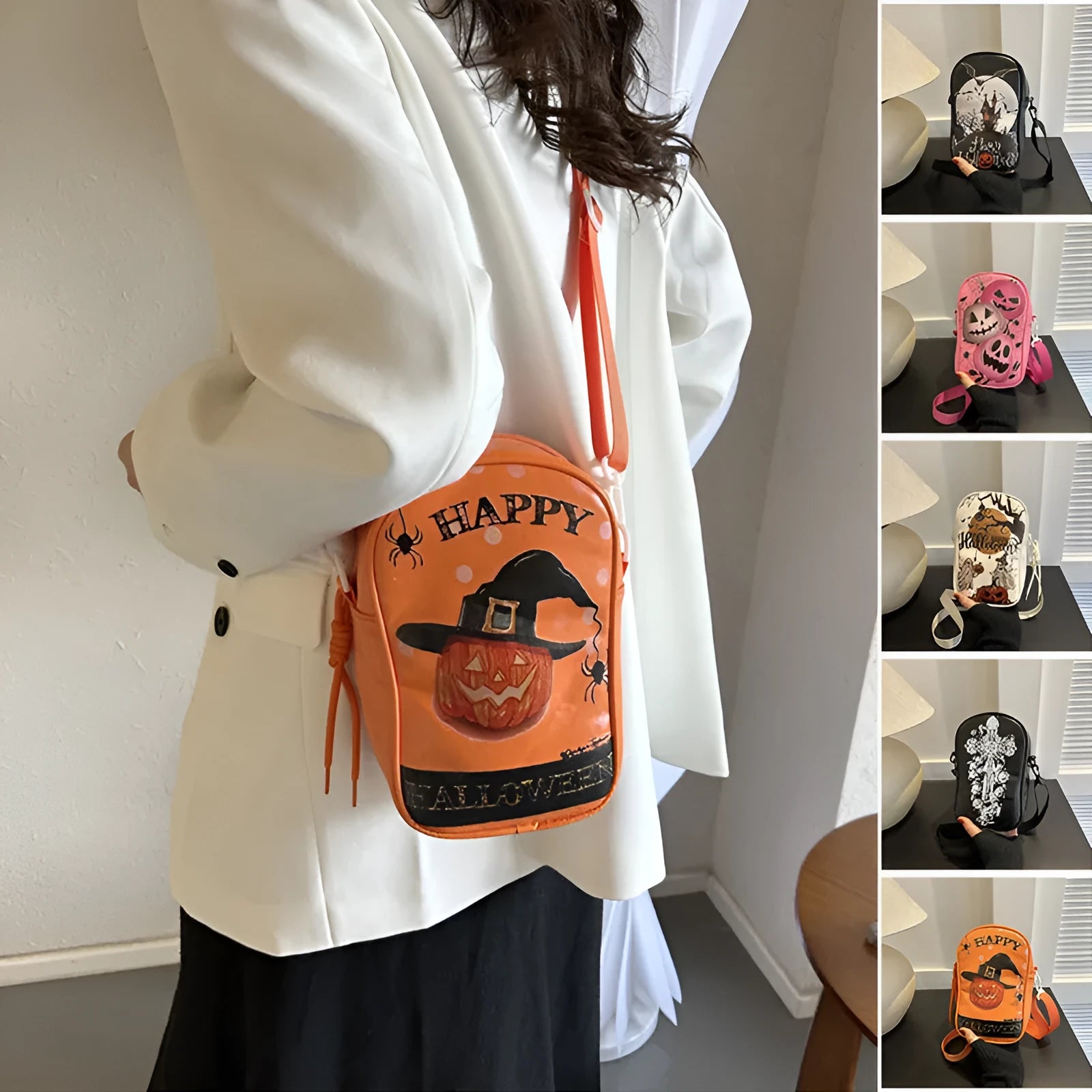 Black mini square crossbody bag with orange pumpkin, white ghost, and black bat graffiti print on the front.