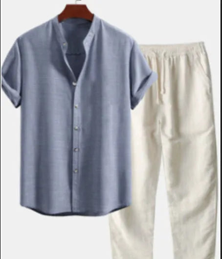 Men's slim fit floral print casual suit set with cardigan-style shirt and matching trousers