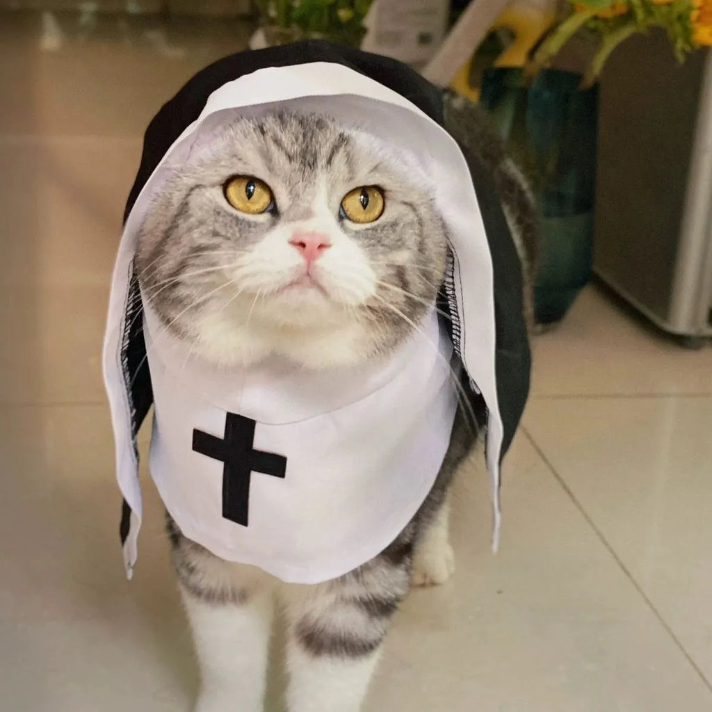 Black and white nun costume for small to medium dogs with polyester cloak
