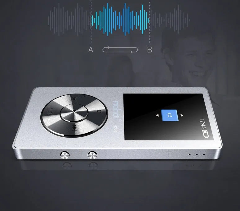 Compact metal MP3 music player with 1.8-inch screen showing music interface