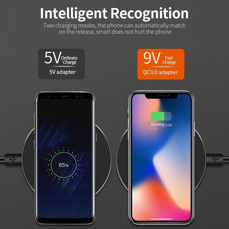 Black ultra-thin square wireless fast charger with USB cable on a desk