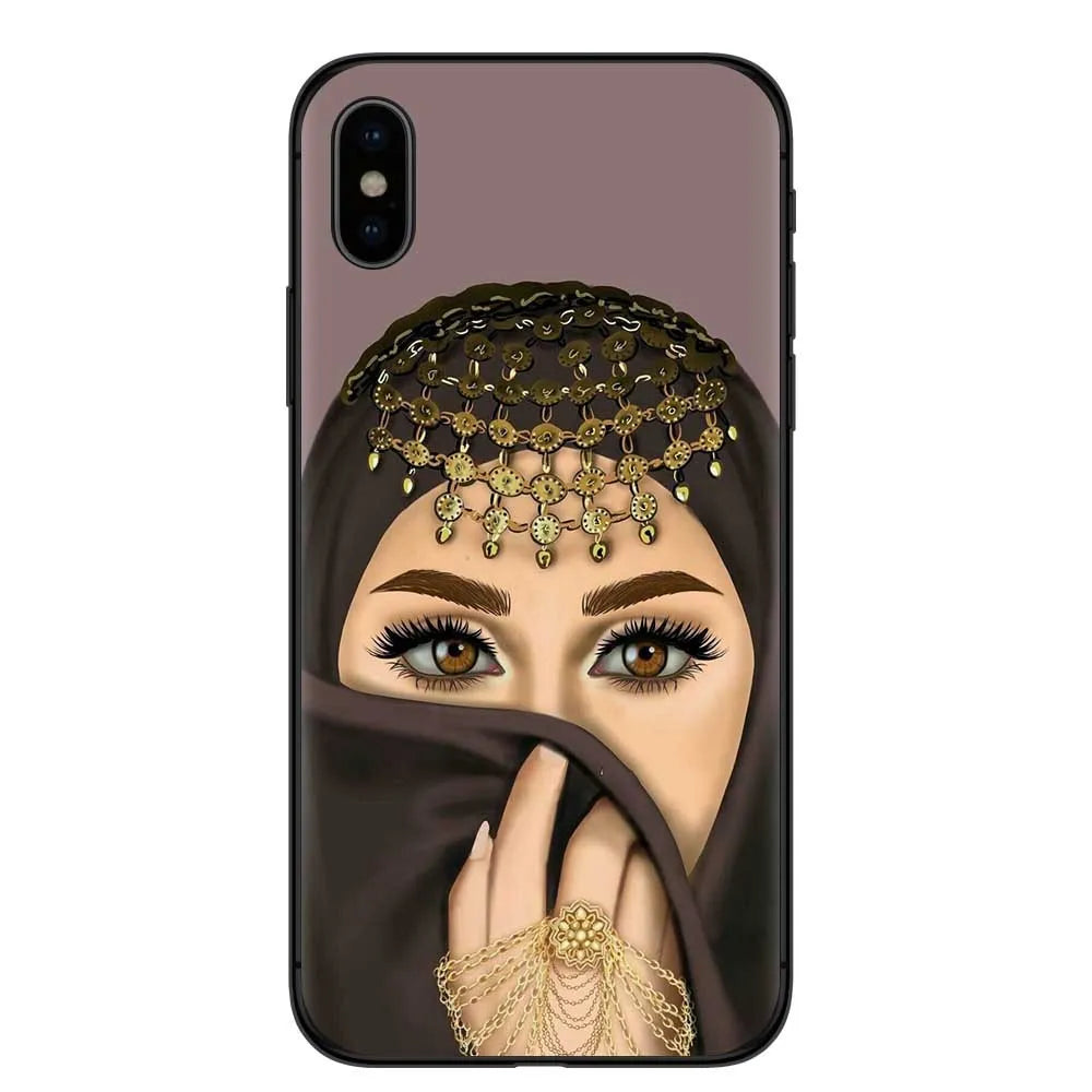 Islamic hijab girl design on a flexible TPU back cover case for an iPhone model.