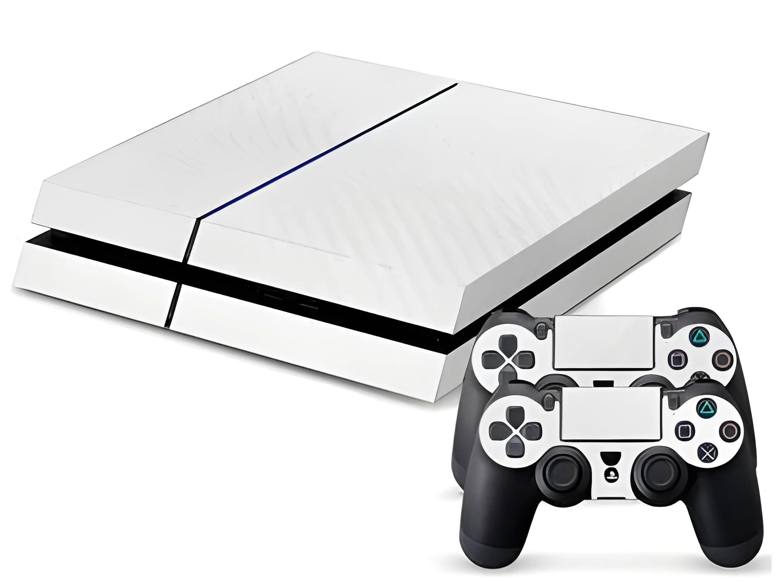PS4 console and controller with black carbon fibre vinyl sticker skin applied