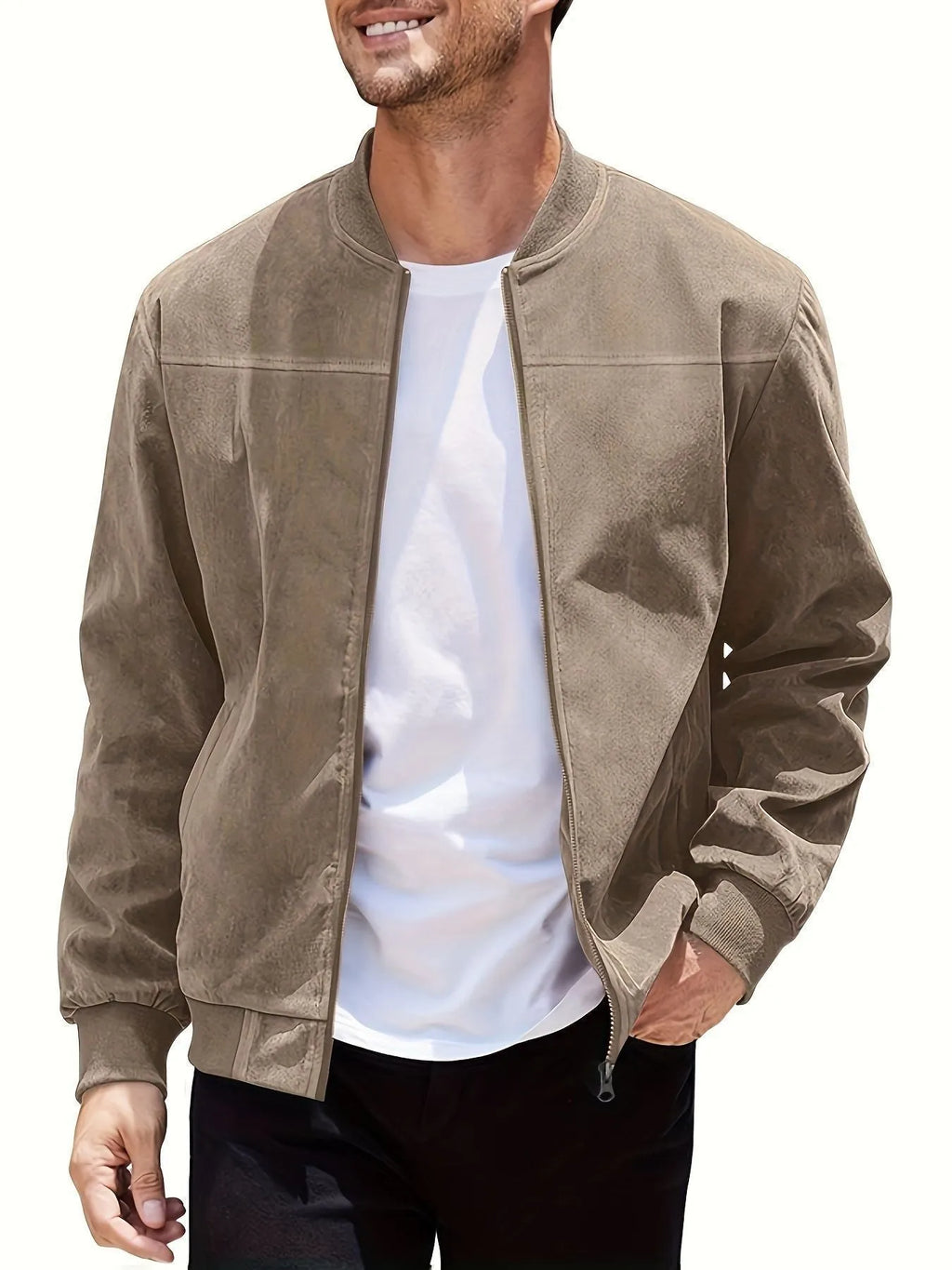 Men's plus size casual suede jacket in polyester with cotton lining and zipper closure