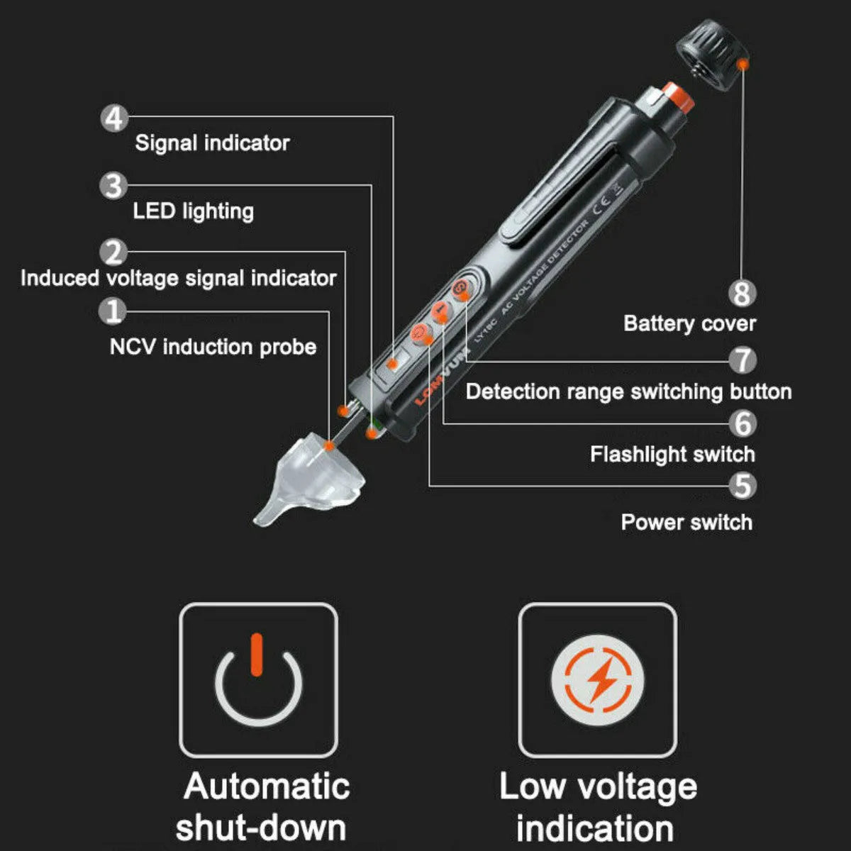 Intelligent checkpoint test pencil with sensor tip and AC 10 colour display for electrical line detection