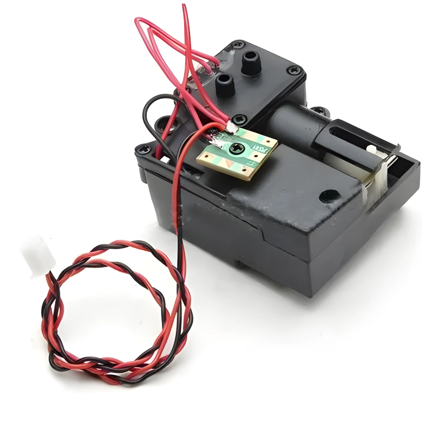Black remote control tank model smoke box accessory with LED light on a model chassis.