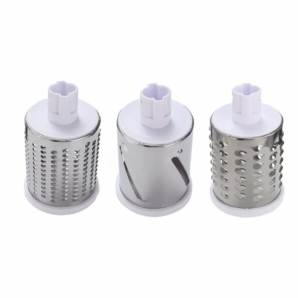 Blue green mandoline vegetable slicer with three stainless steel blades and a white suction cup base on a kitchen counter.