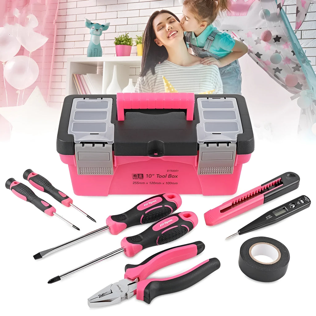 8-piece household tool kit with carbon steel screwdrivers, wire cutter, utility knife, digital test pencil, and PVC tape in a tool box