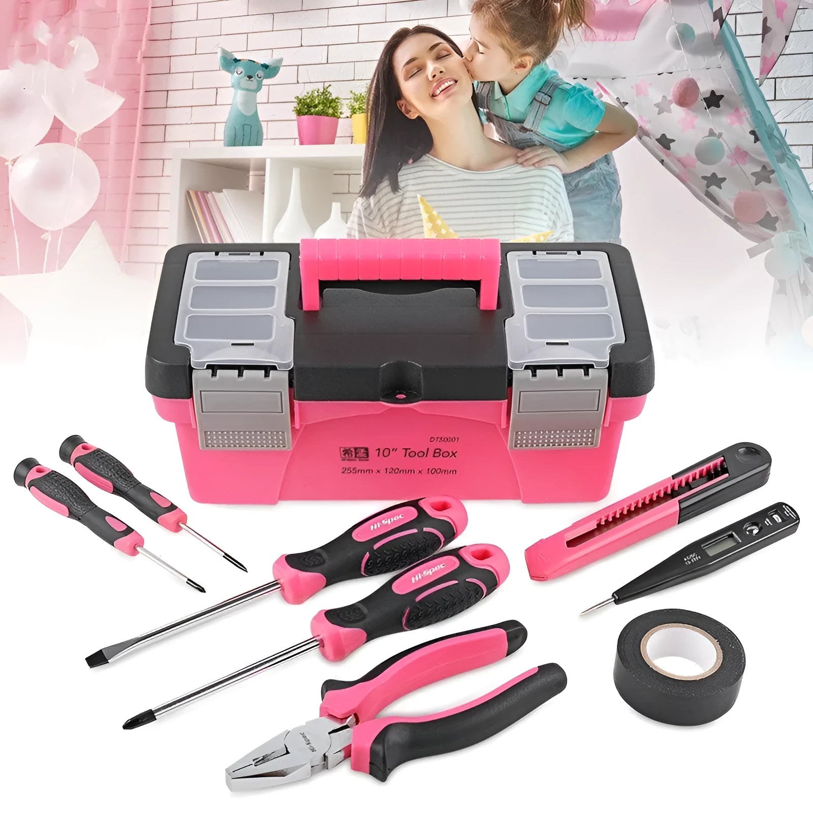 8-piece household tool kit with carbon steel screwdrivers, wire cutter, utility knife, digital test pencil, and PVC tape in a tool box