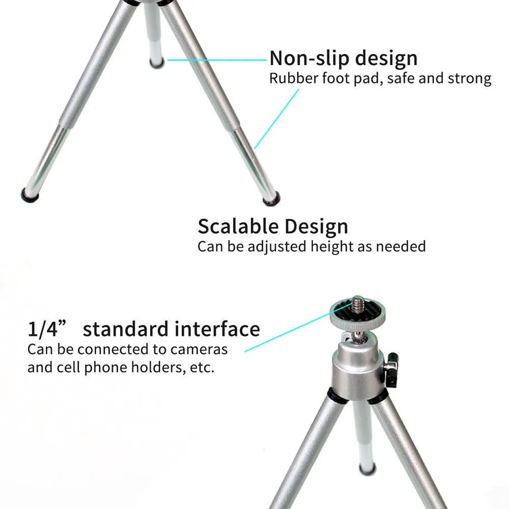 Mini aluminium tripod with extended legs and a black U-shaped phone clip attached