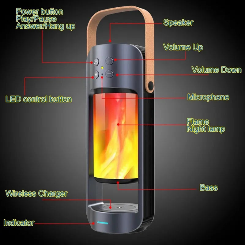 Blue portable Bluetooth speaker with dancing flame light effect showing wireless charging capability