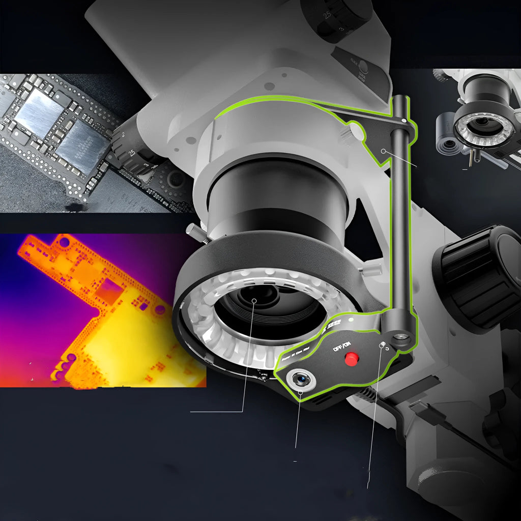 Mini microscope thermal imaging camera with tuner lens, extension bracket, and mounting tools on a workbench.