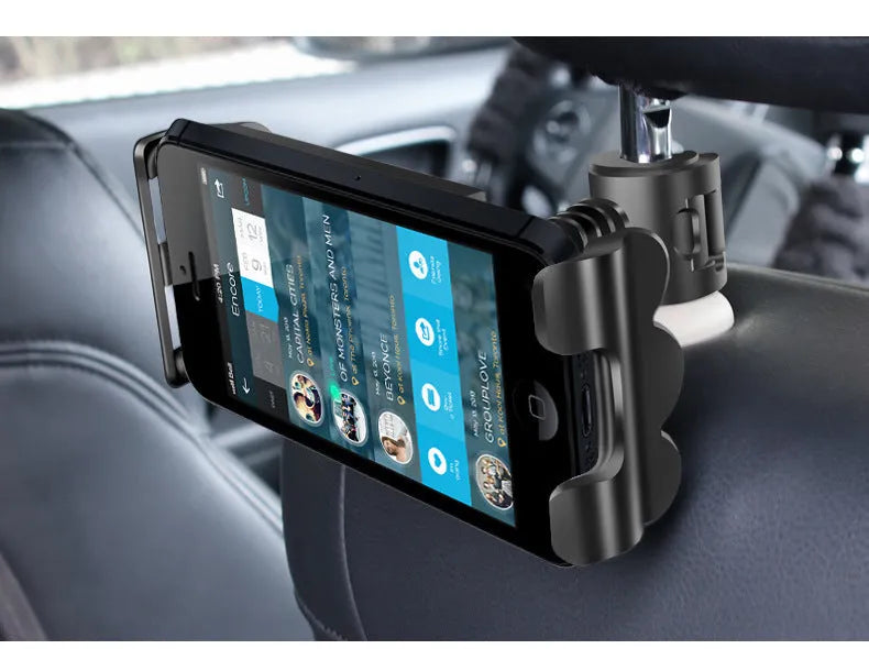 Universal car headrest tablet holder mounted on vehicle seat with 360 degree rotation and extendable arm for 4-12 inch devices